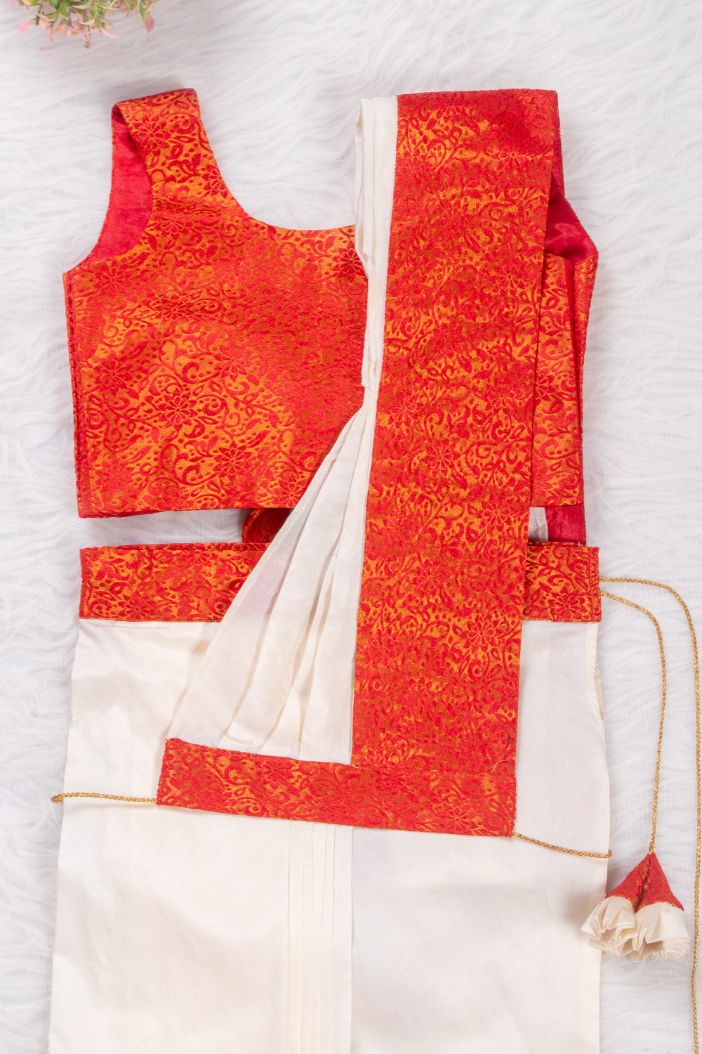 Durga Pooja Special Red And White Ready to Wear Saree