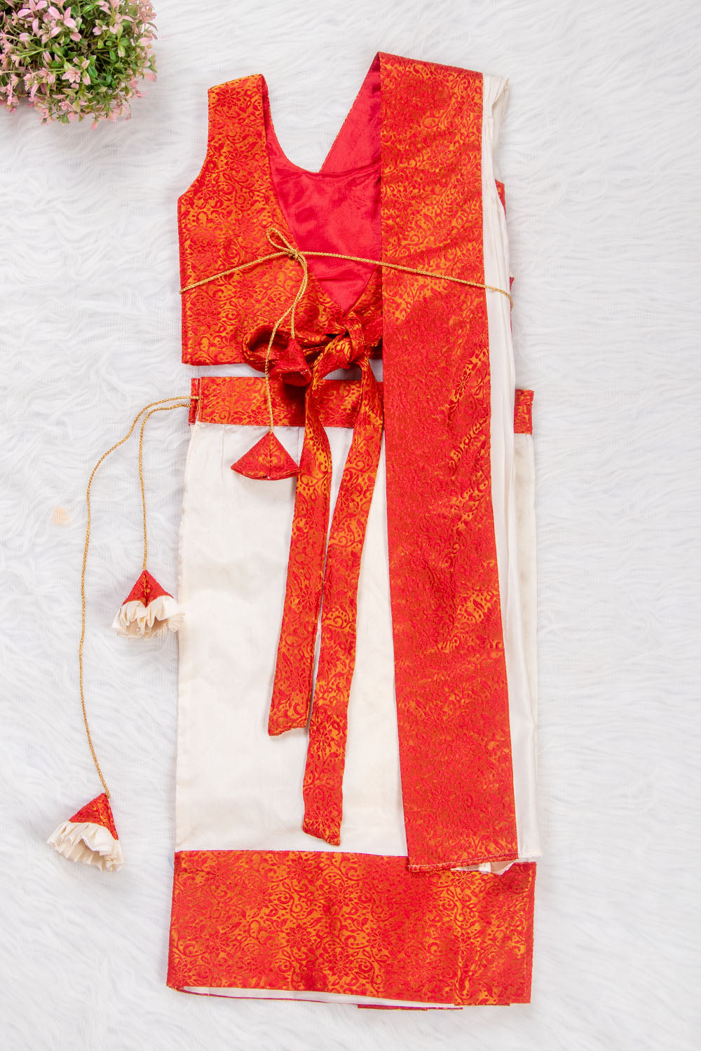 Durga Pooja Special Red And White Ready to Wear Saree