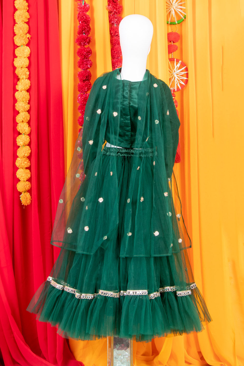 Bottle Green Net Lehenga Set