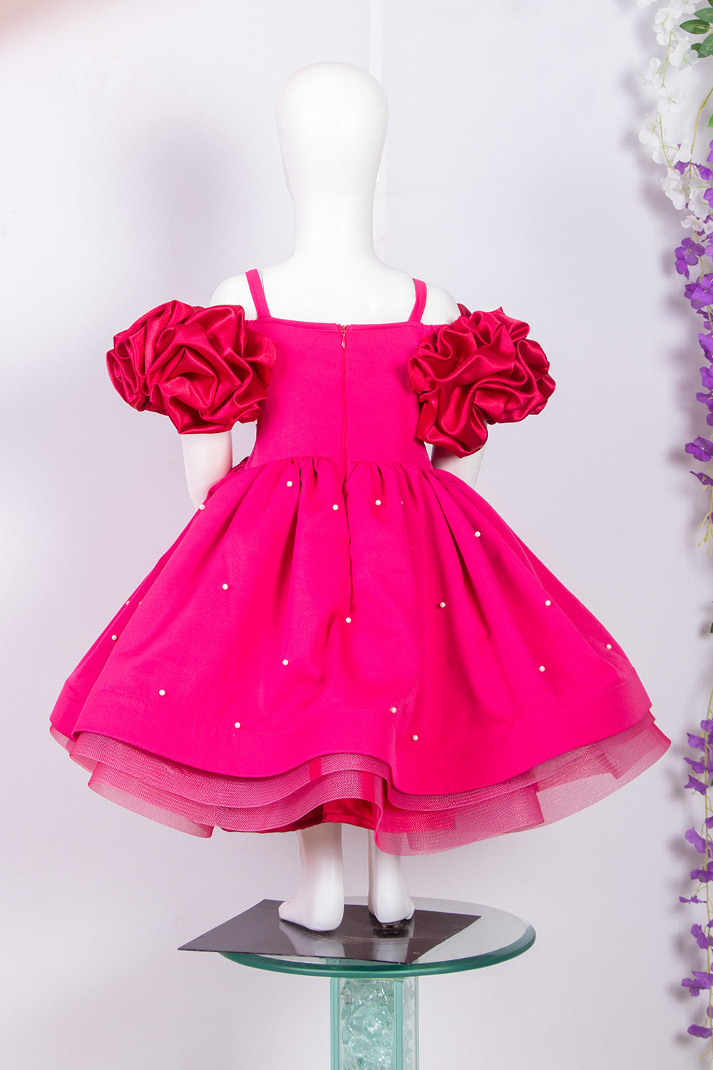Magenta Pink Banana Crepe And Net Dress