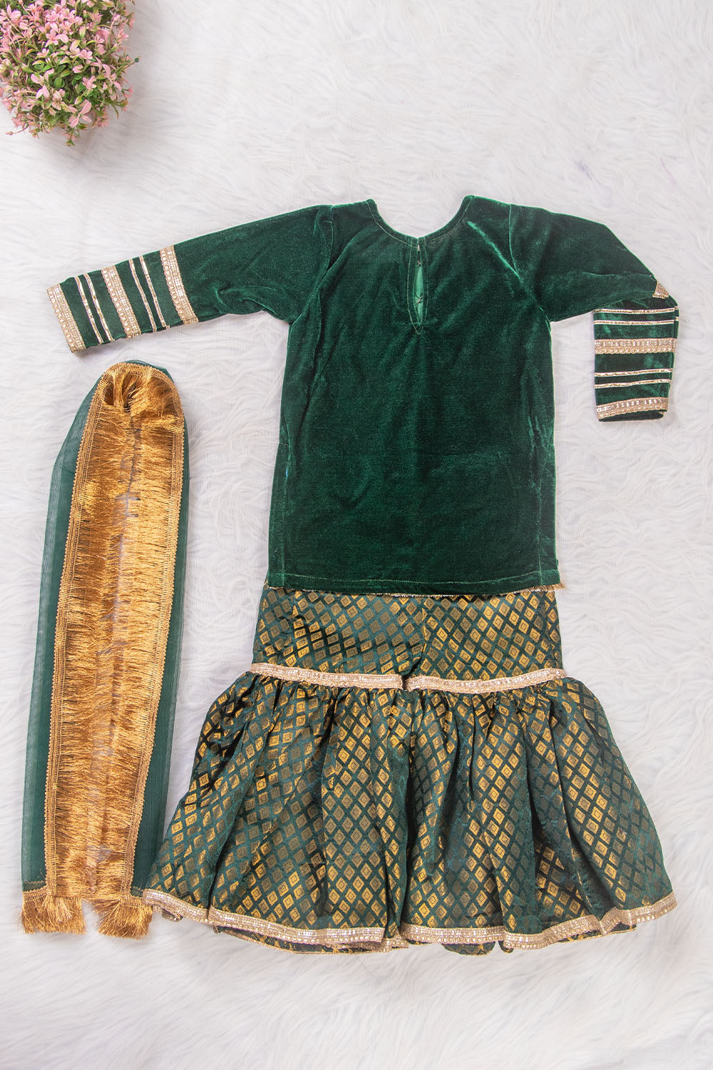 Bottle Green Velvet and Brocade Sharara Suit