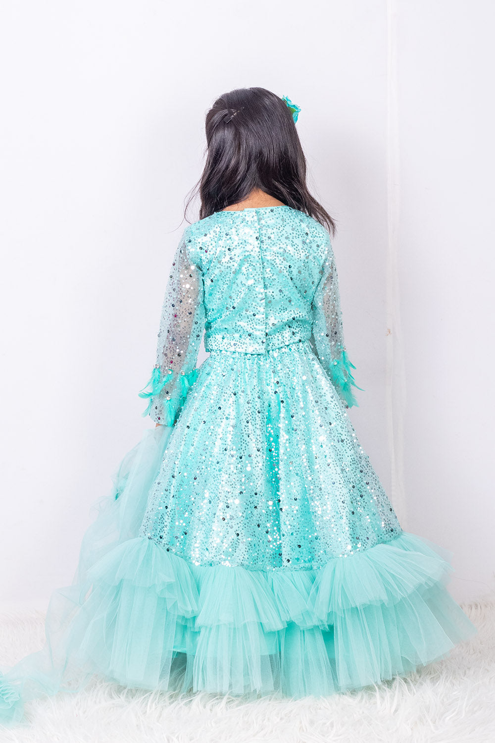 Sky Blue Fully Embroidered Ruffled Lehenga