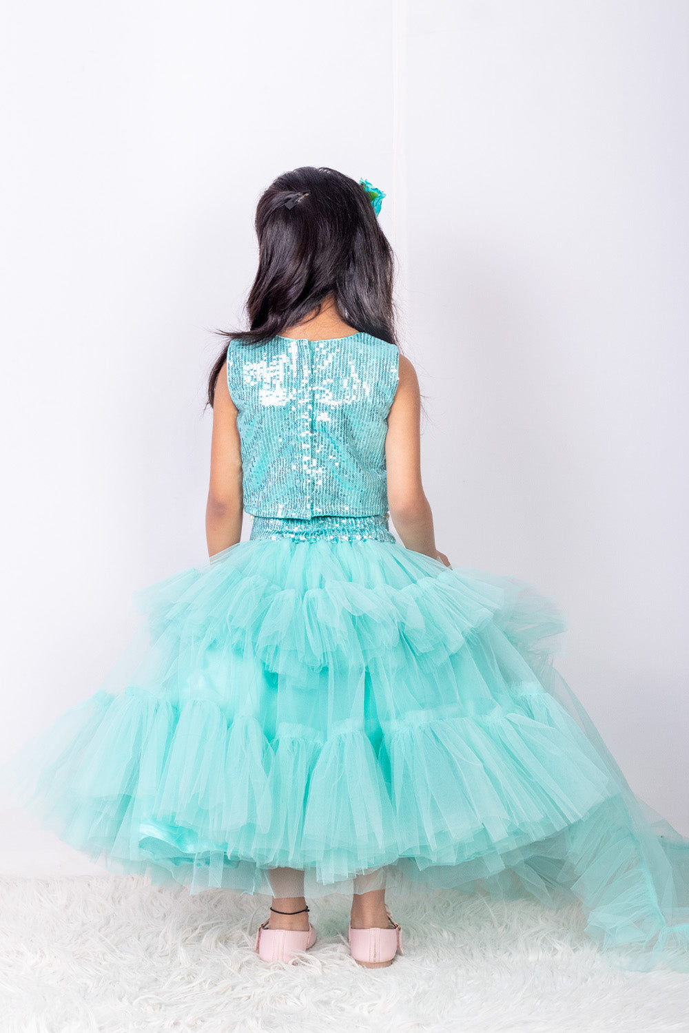 Sea Green Sequins and Net Ruffled Lehenga
