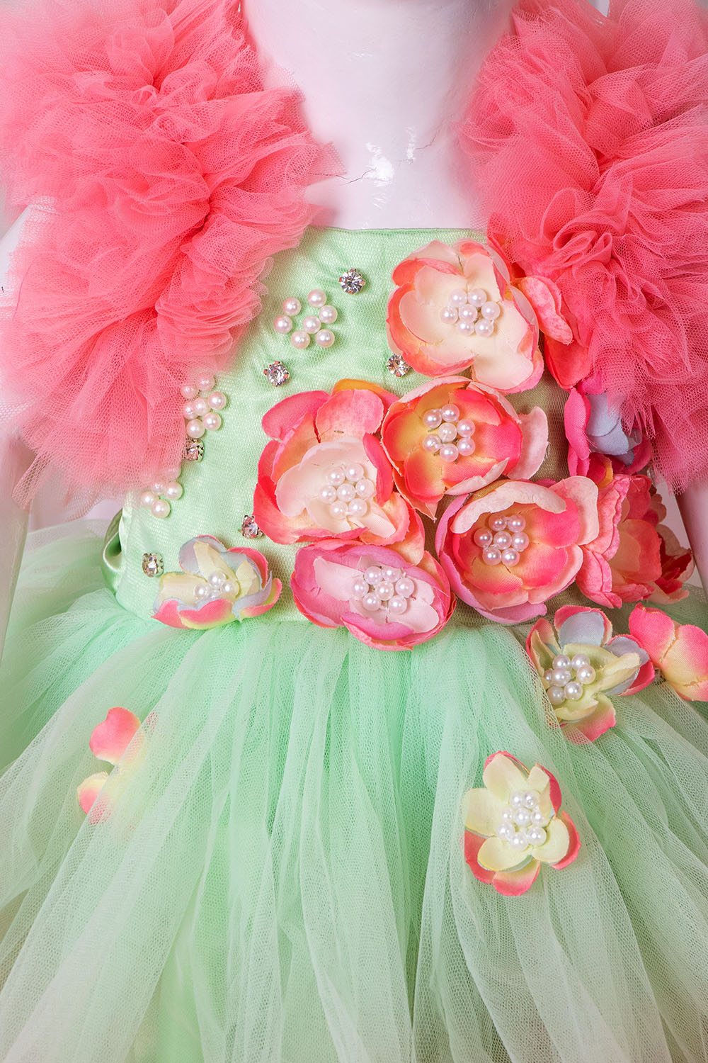 Peach and Green heavy Ruffled Net Dress