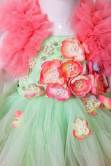 Peach and Green heavy Ruffled Net Dress