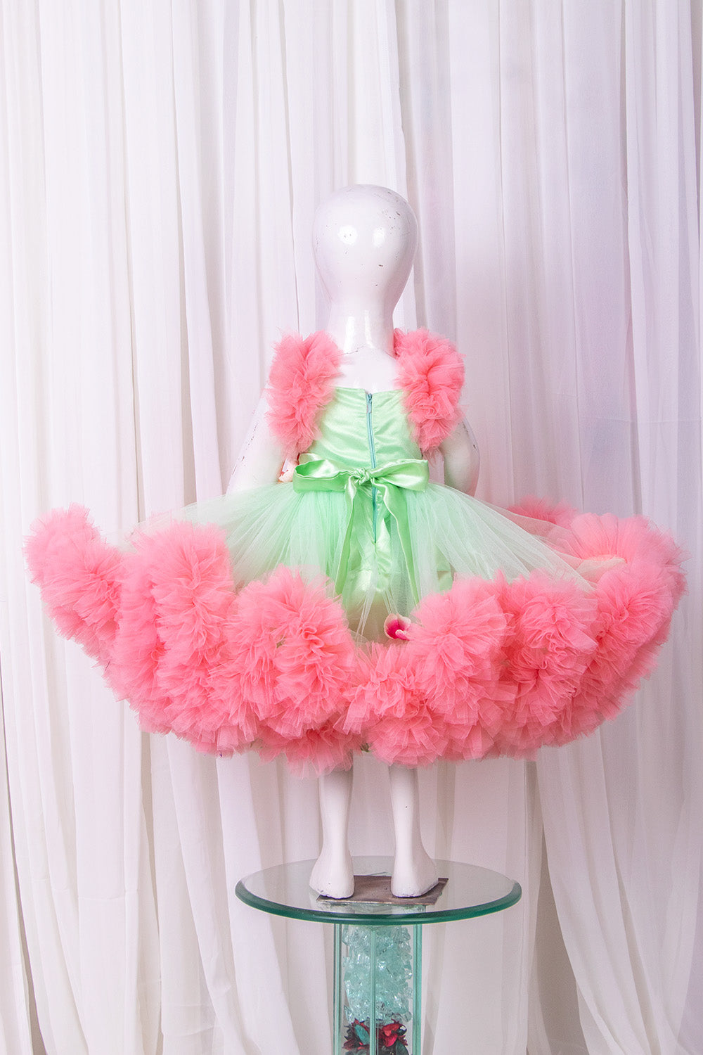 Peach and Green heavy Ruffled Net Dress