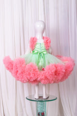 Peach and Green heavy Ruffled Net Dress