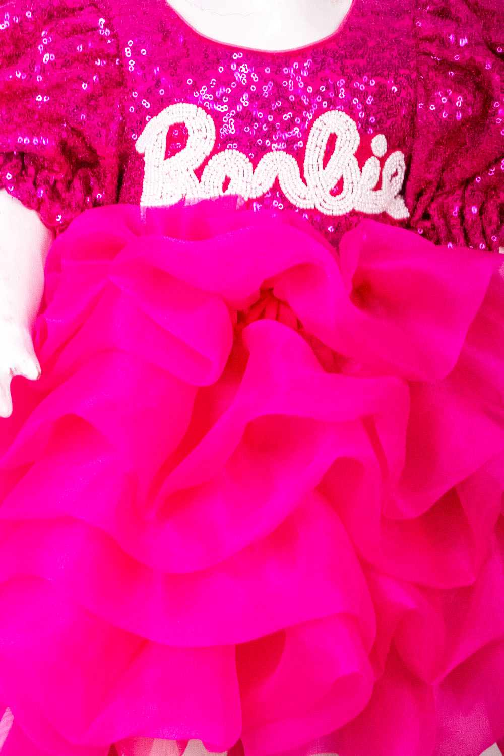 Hot Pink Sequins and Organza Barbie Dress with Customized Name