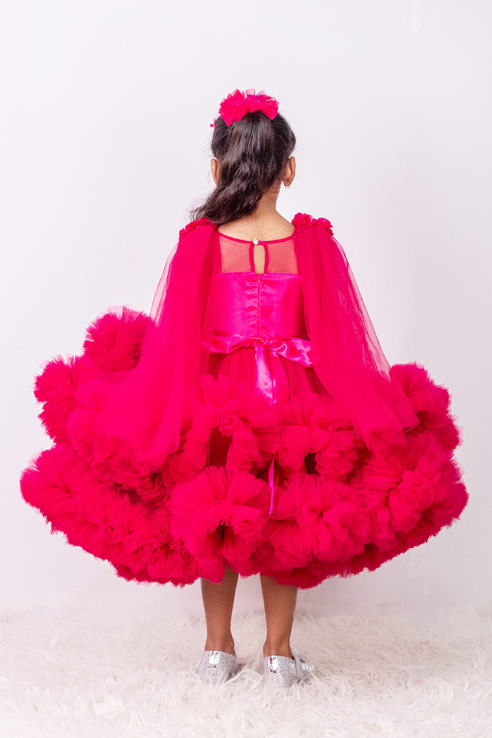 Magenta Heavily Ruffled Barbie Dress with long Sleeves