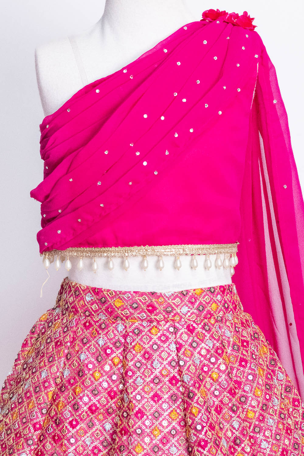 Hot Pink Thread Embroidered Lehenga with Attached Dupatta