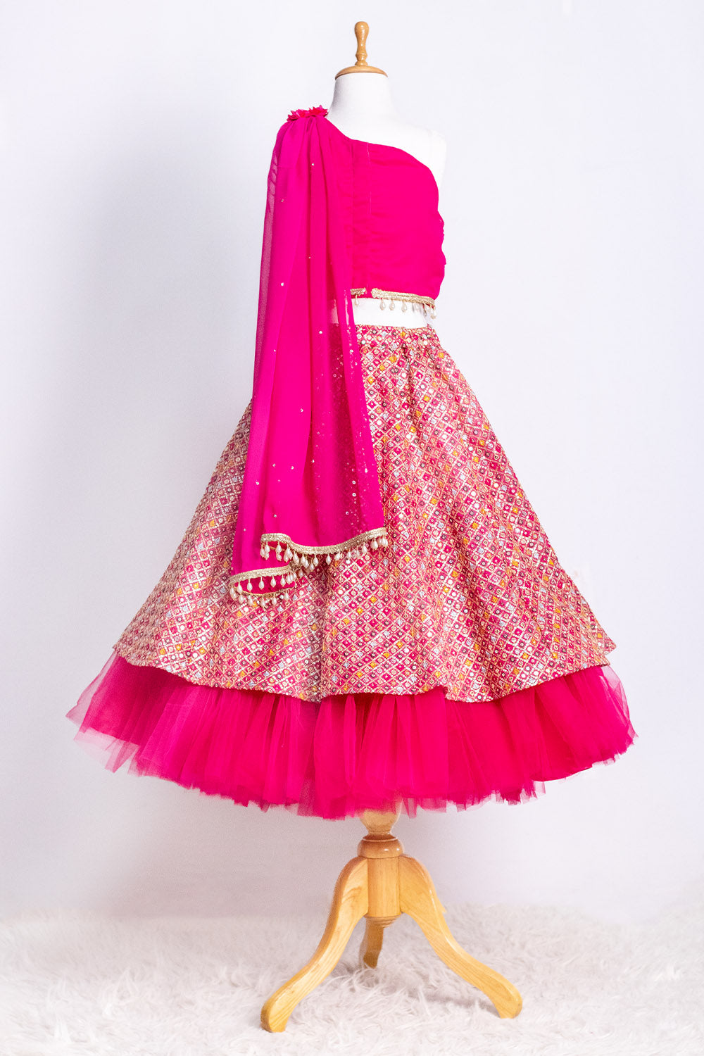 Hot Pink Thread Embroidered Lehenga with Attached Dupatta