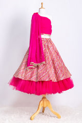 Hot Pink Thread Embroidered Lehenga with Attached Dupatta