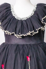 Black Pink Flower and Pearls Dress