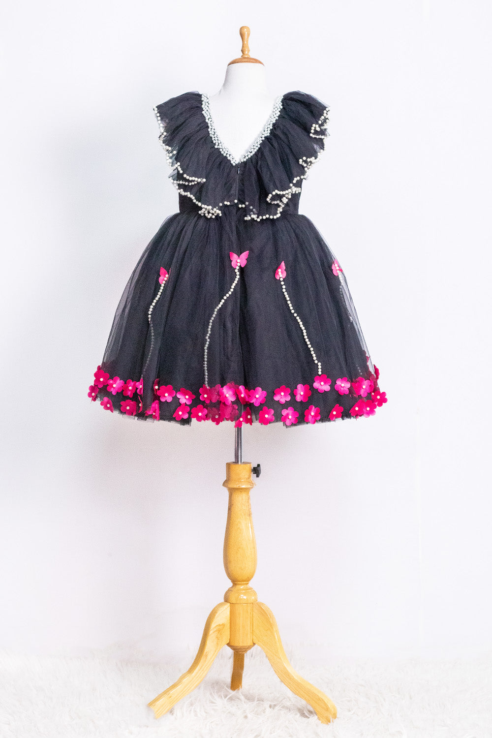 Black Pink Flower and Pearls Dress