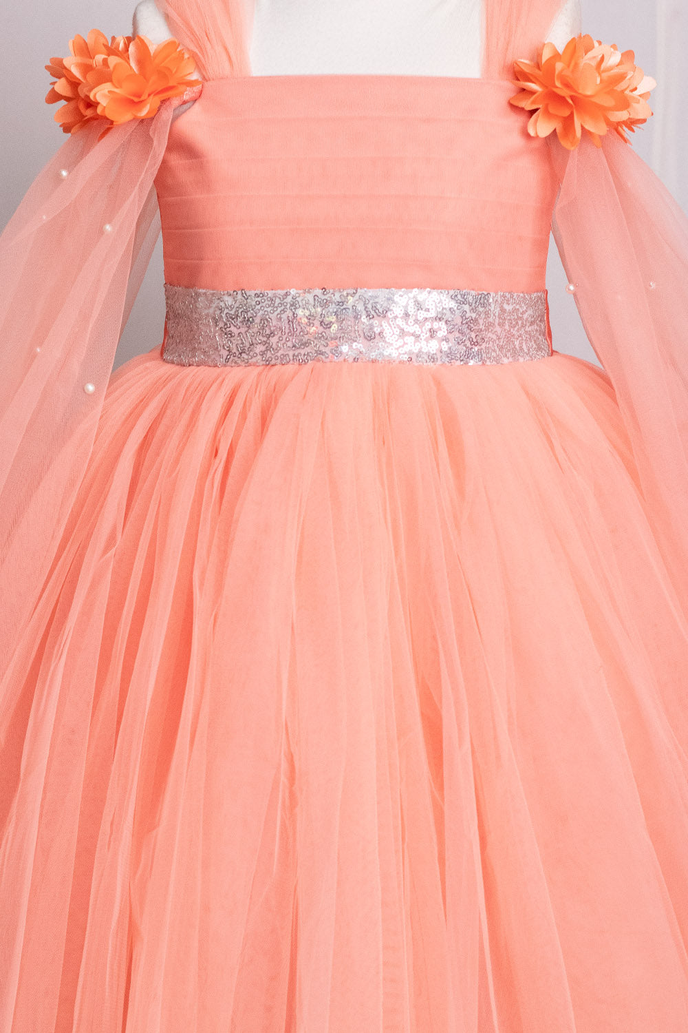 Peach Elongated Flowers Sleeves Gown