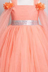 Peach Elongated Flowers Sleeves Gown