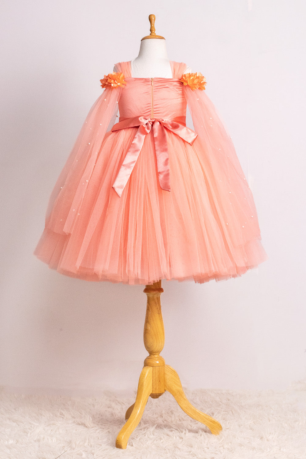 Peach Elongated Flowers Sleeves Gown