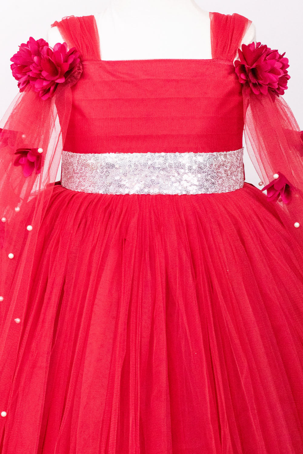 Maroon Elongated Flowers Sleeves Gown