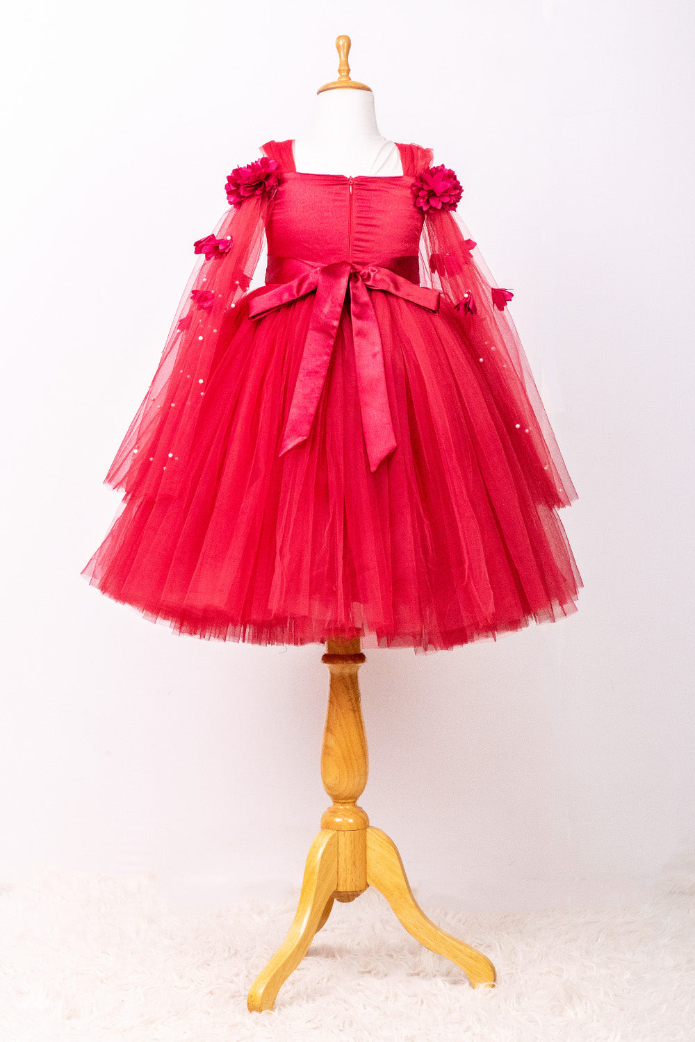 Maroon Elongated Flowers Sleeves Gown