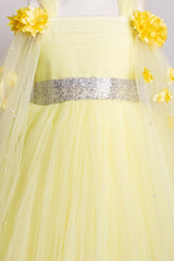 Lemon Yellow Elongated Flowers Sleeves Gown