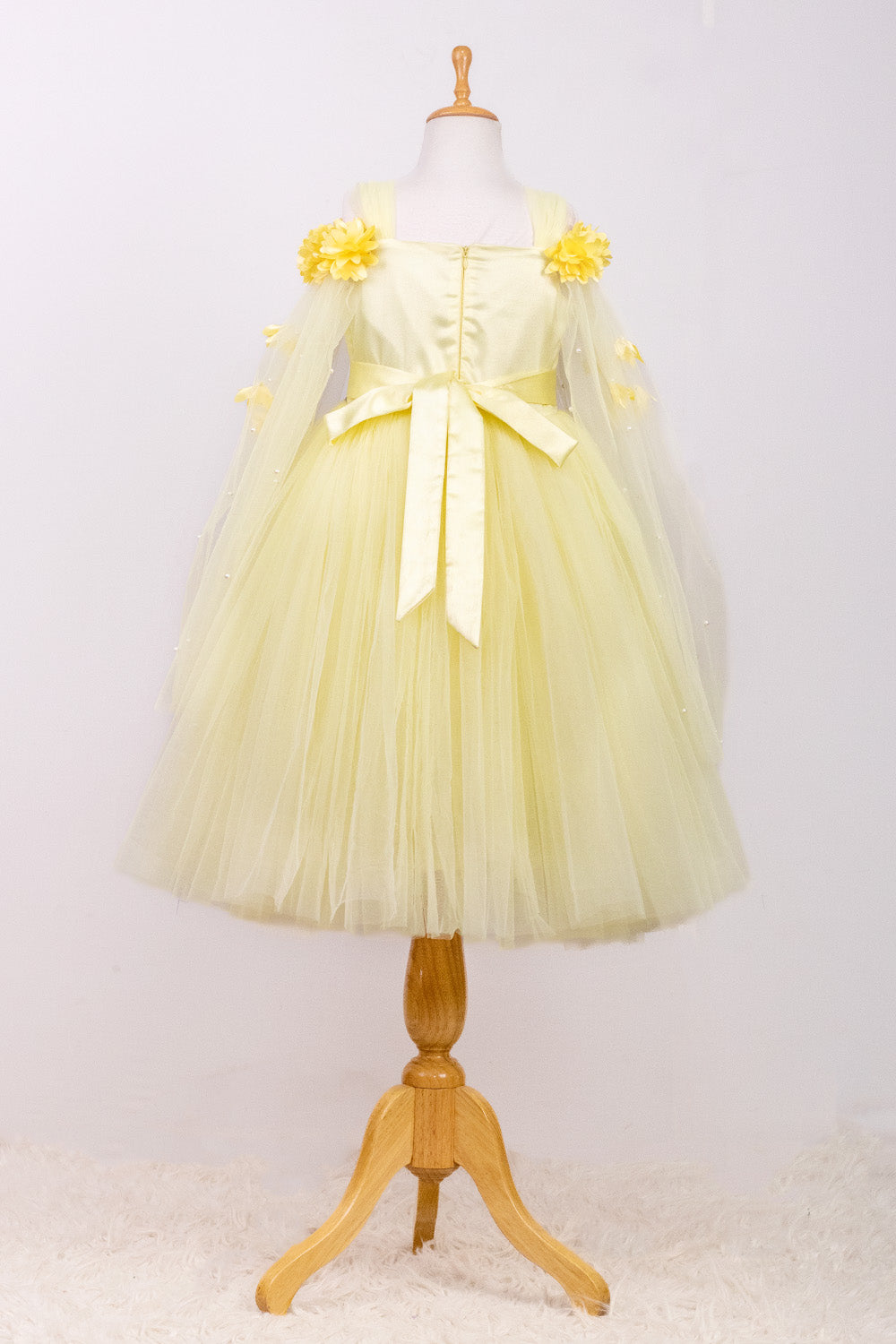 Lemon Yellow Elongated Flowers Sleeves Gown