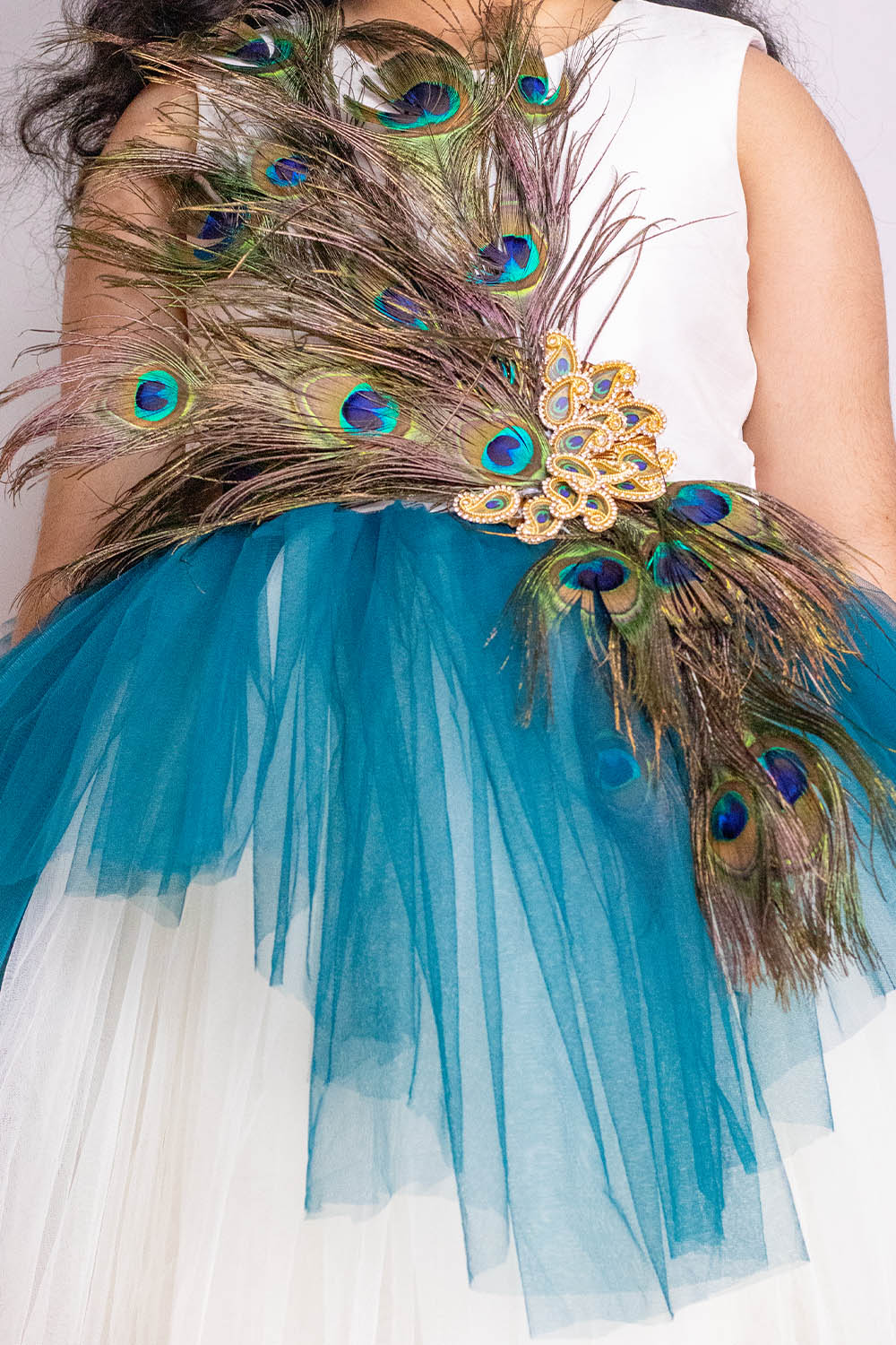 White and Blue Peacock Theme Dress