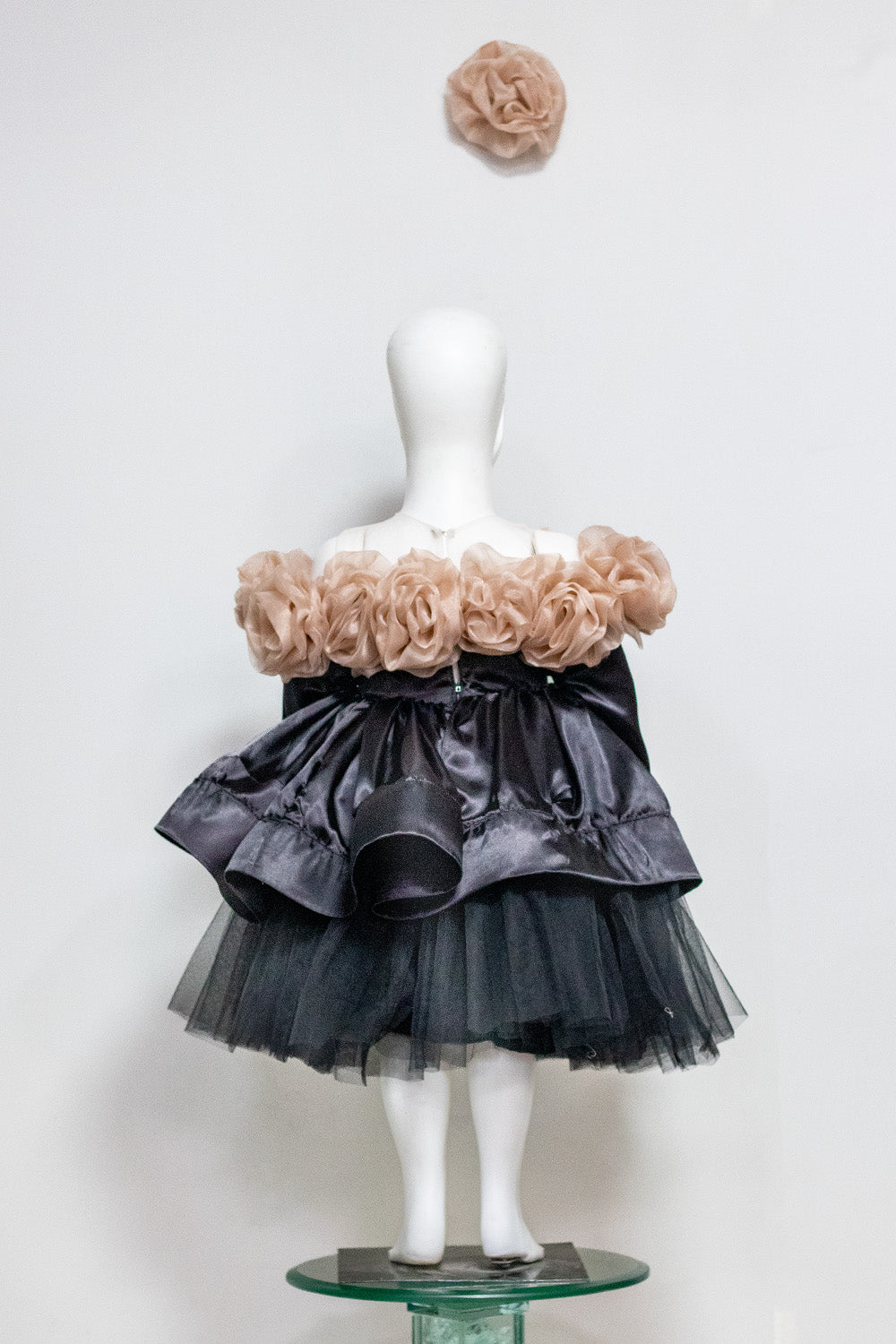 Black Satin and Organza Flower Dress