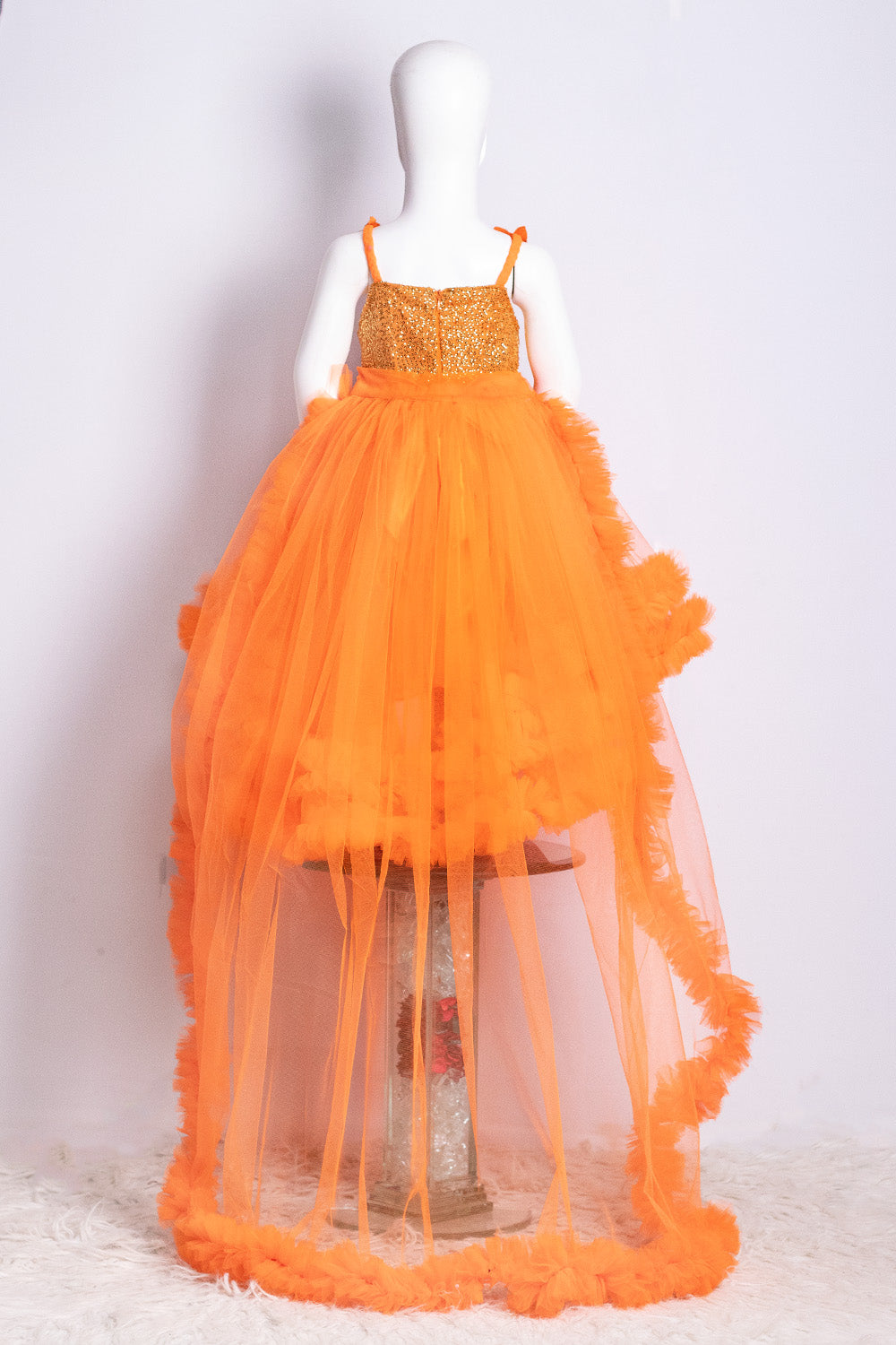 Orange Ruffled sequins and Net Dress
