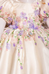 Off White Satin Hand Embroidered Dress with Back Bow