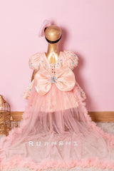 Light Peach Hand Embroidered Dress with Back Bow