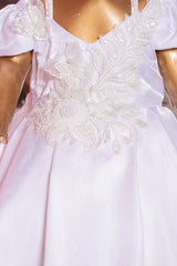 White Pearl Embroidered Satin Dress with Trail