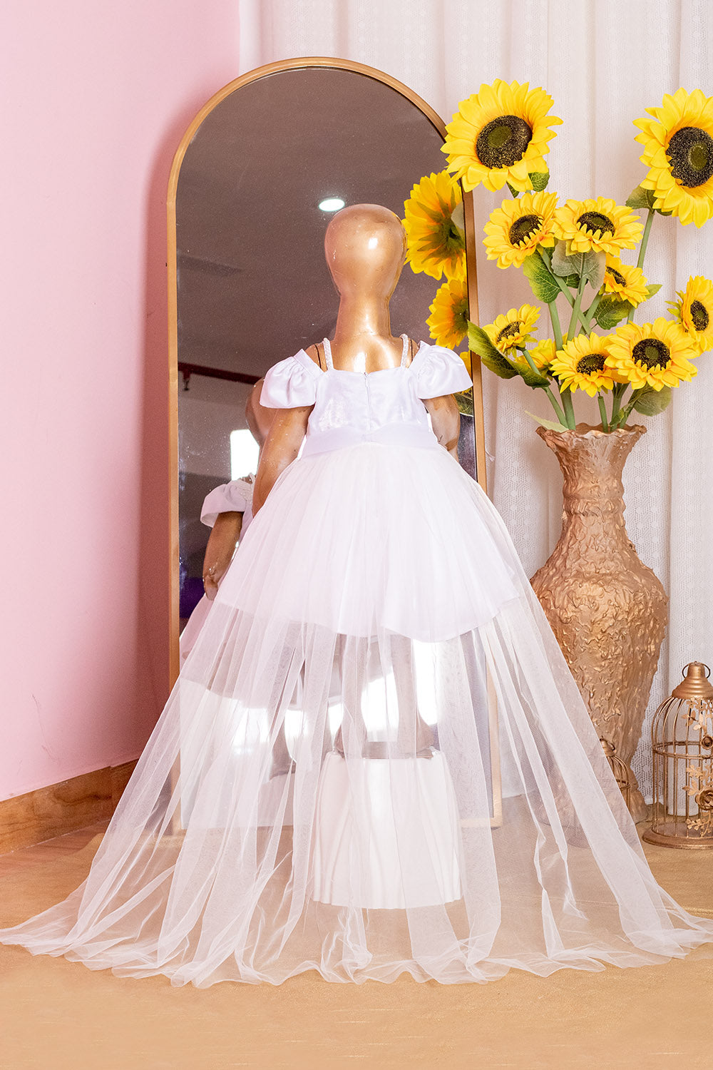 White Pearl Embroidered Satin Dress with Trail