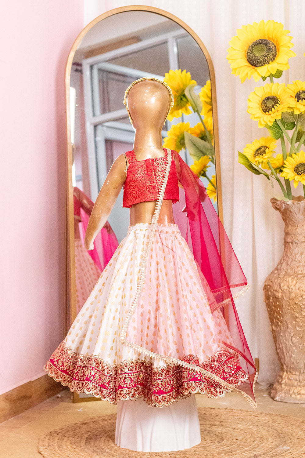 White Pink Brocade Kid Lehenga