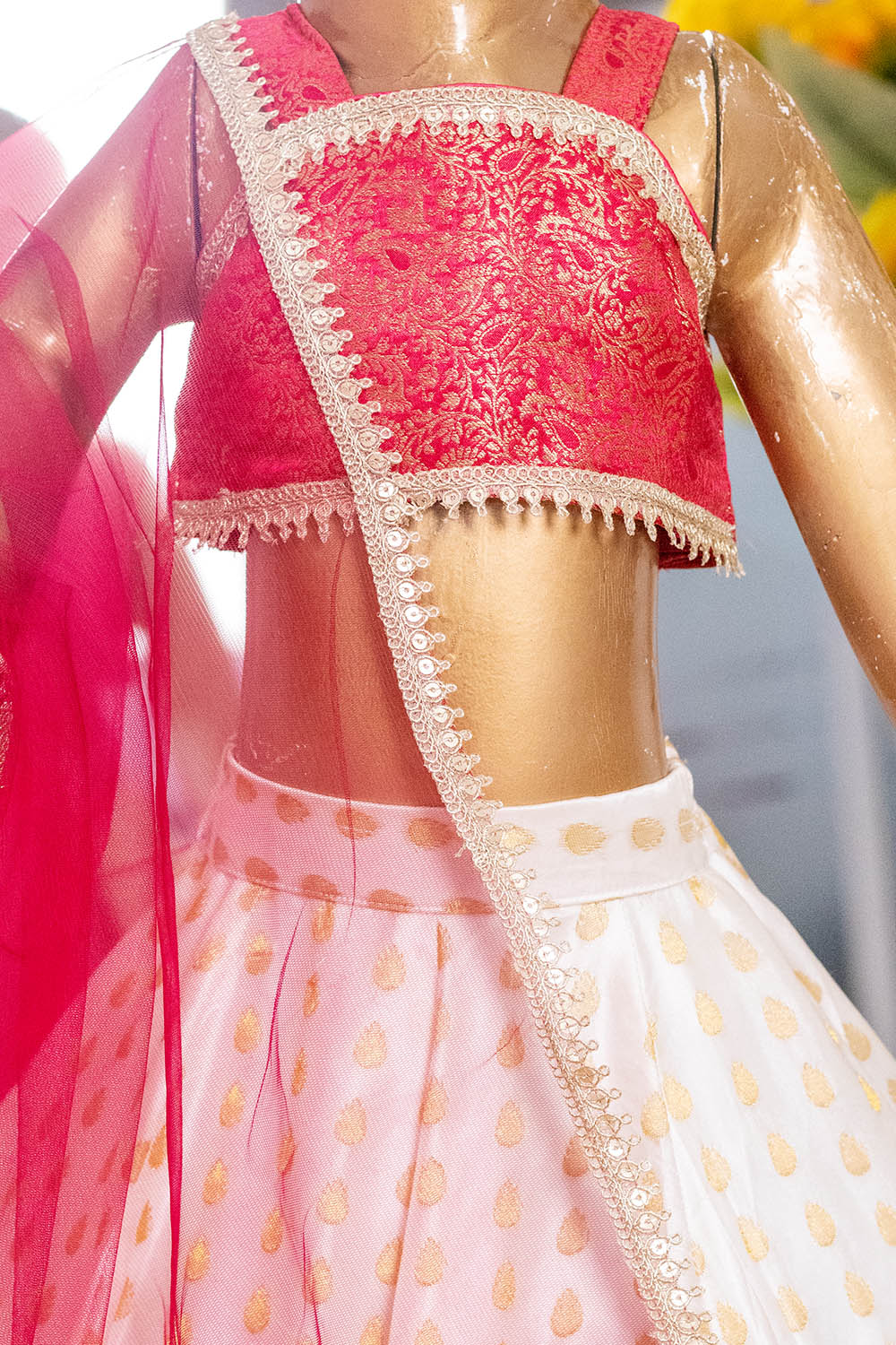 White Pink Brocade Kid Lehenga