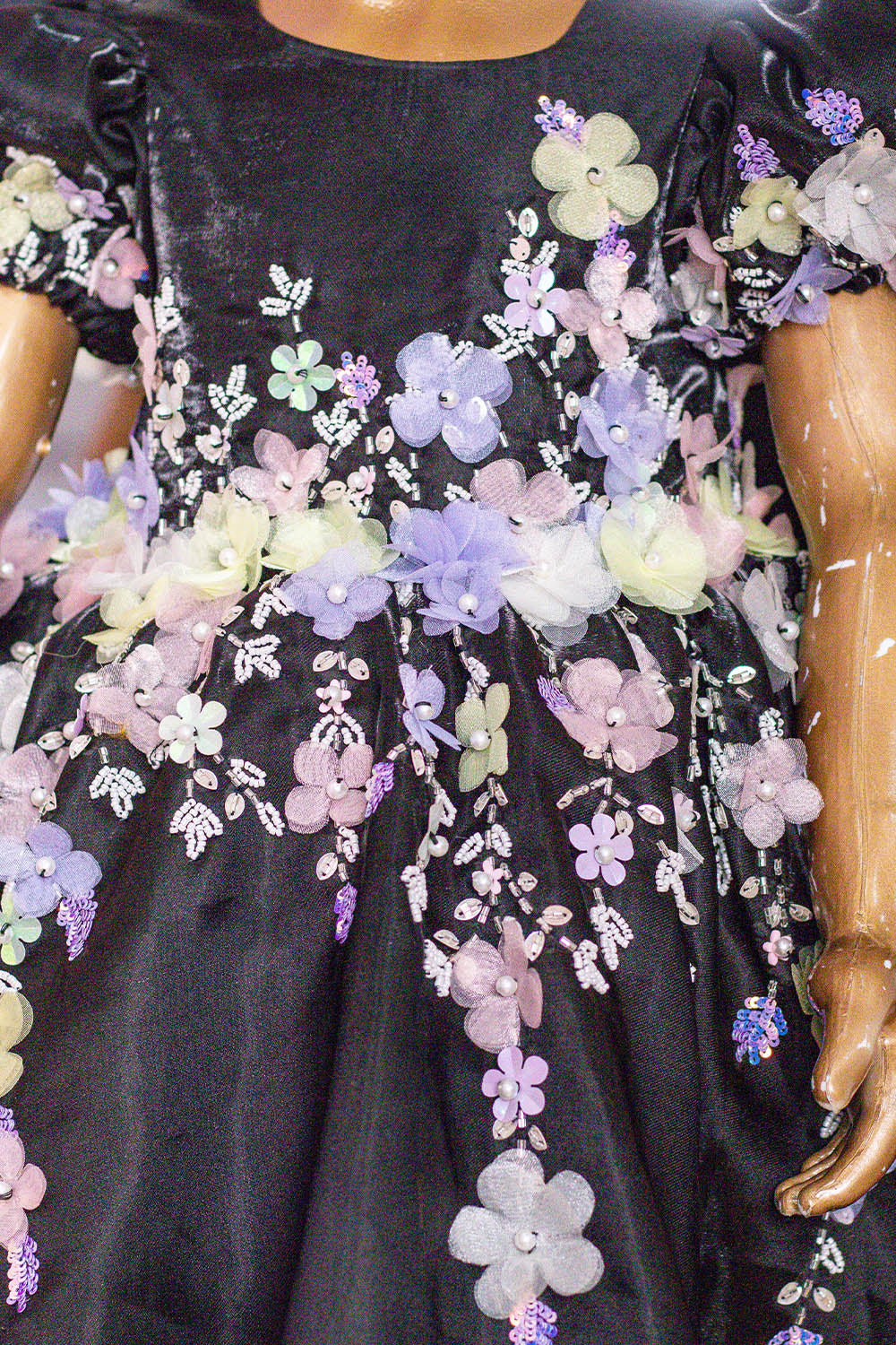 Black Satin Hand Embroidered Dress With Back Bow