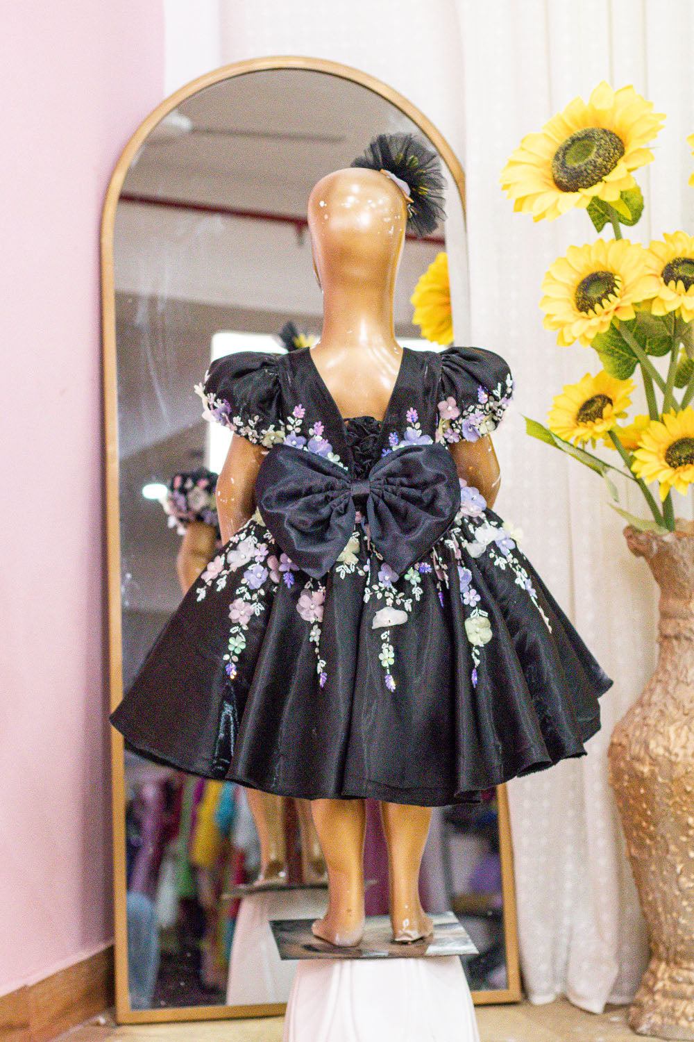 Black Satin Hand Embroidered Dress With Back Bow