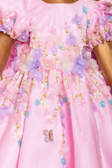 Pink Hand Embroidered Dress With Back Bow