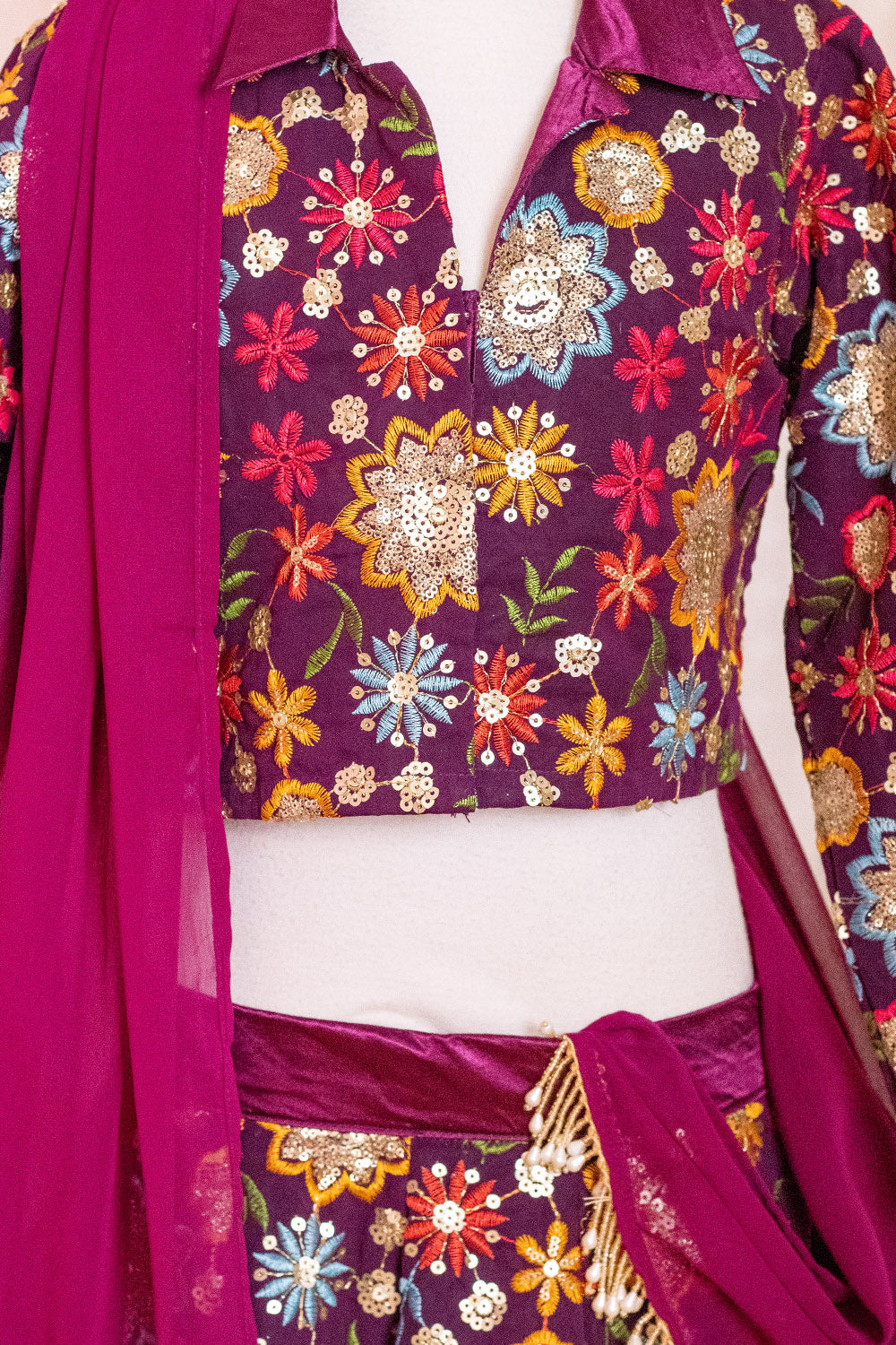 Wine Fully Embroidered Full Sleeves Lehenga