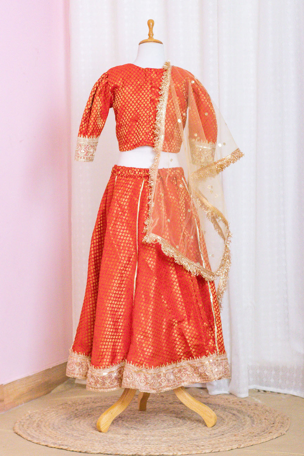 Red Brocade Lehenga with Net Dupatta