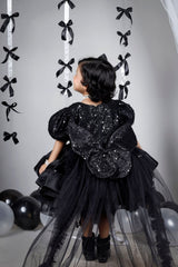 Black Sequined Party Dress with Trail
