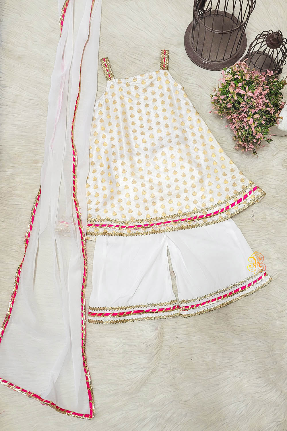 White satin kids Kurta Plazzo set
