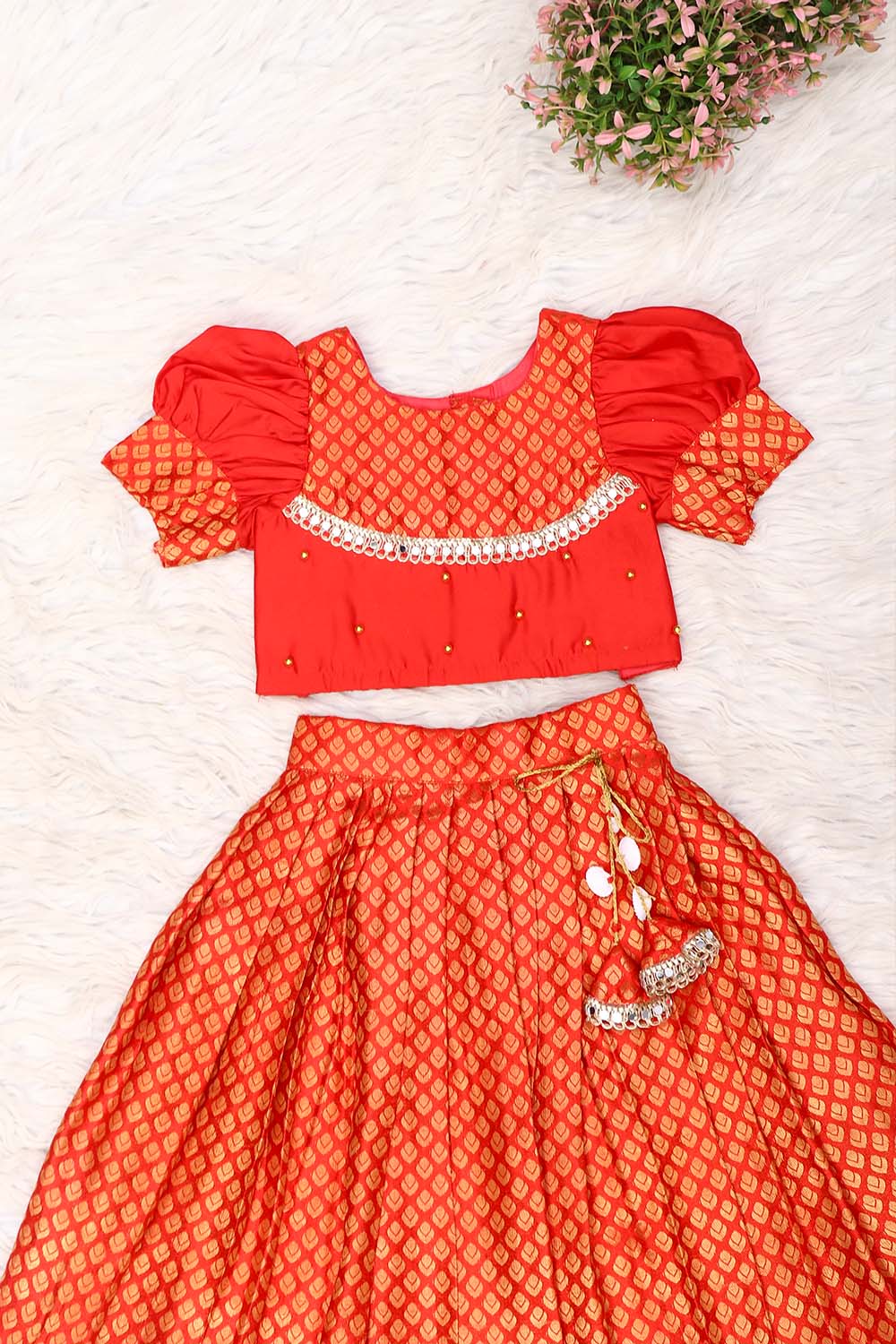 Red Brocade Kids Skirt Top Set