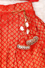 Red Brocade Kids Skirt Top Set
