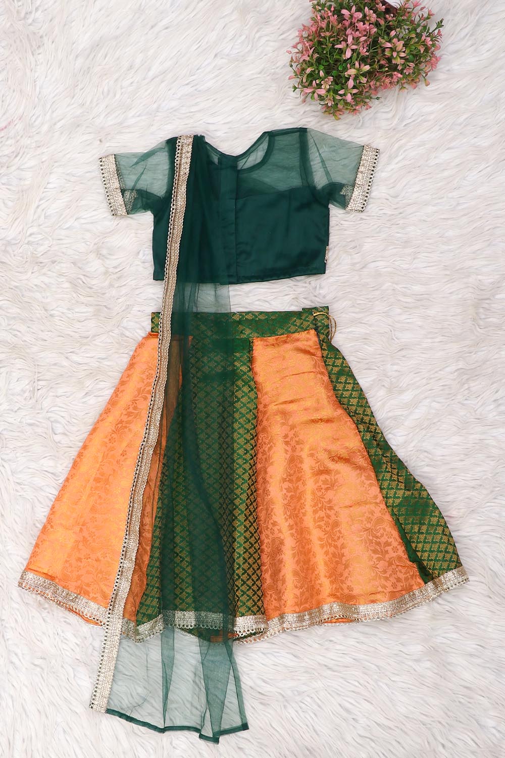 Green And Peach Kids Skirt Top Set