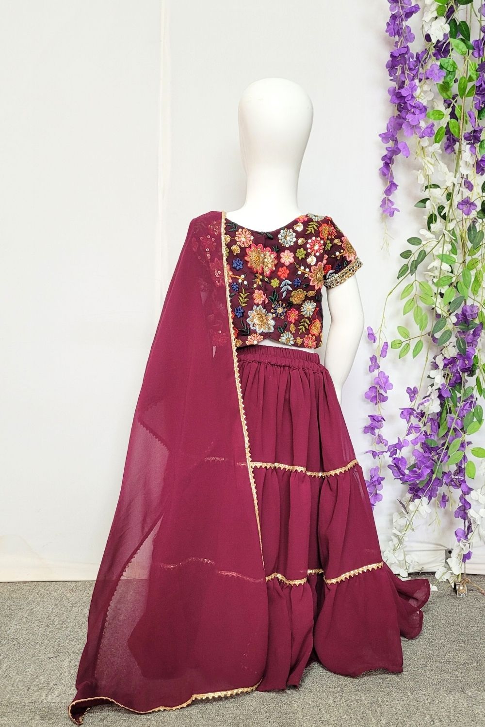 Wine Embroidered Georgette Lehenga For Kids