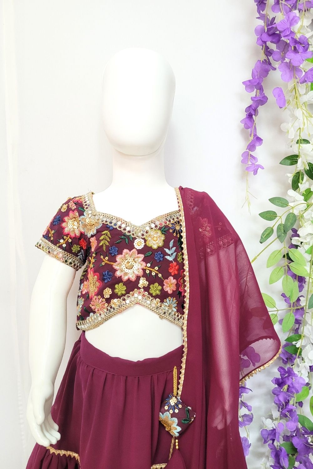 Wine Embroidered Georgette Lehenga For Kids