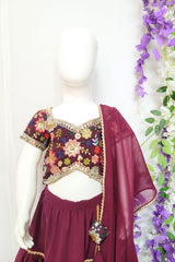 Wine Embroidered Georgette Lehenga For Kids