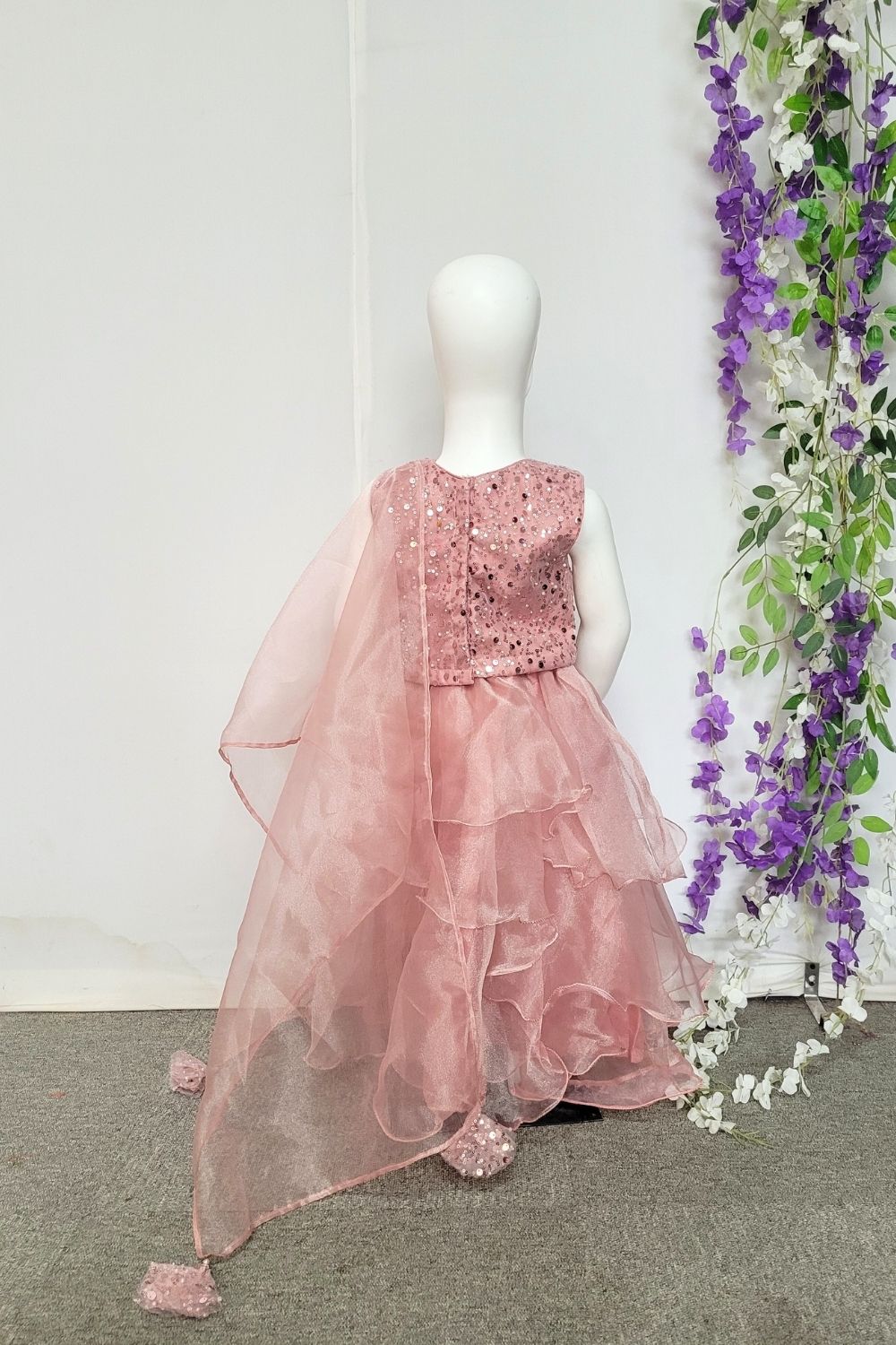Onion Pink Embroidered Net Lehenga For Kids