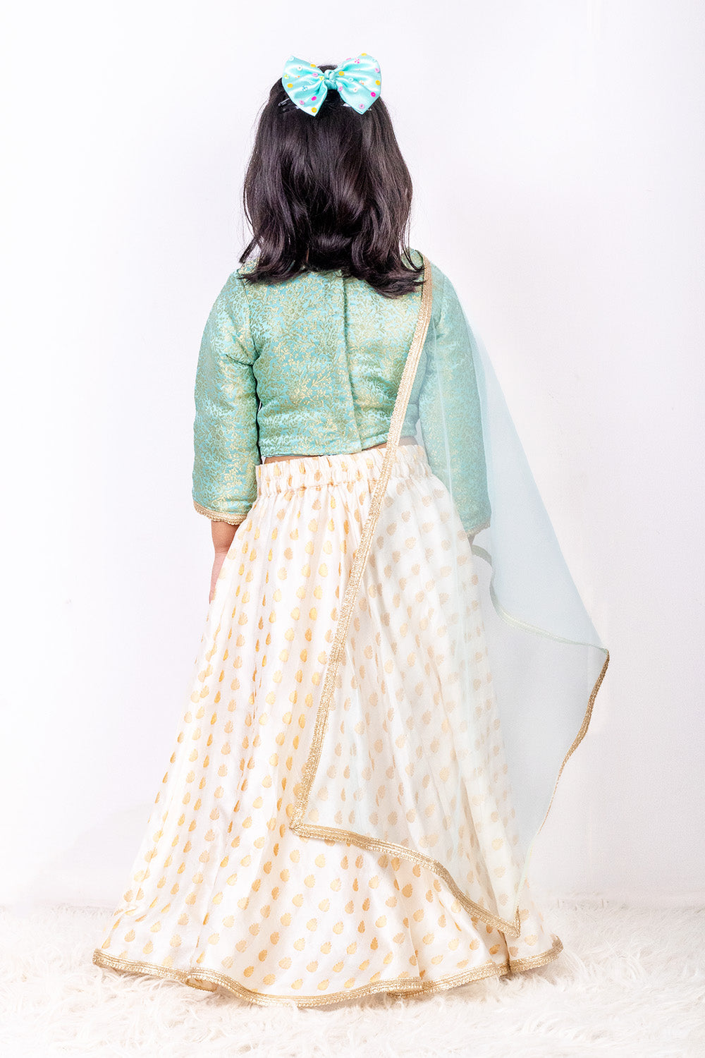 White and Light Blue Brocade Lehenga