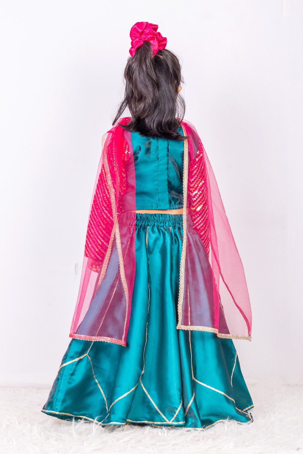 Peacock Green and Pink Silk Lehenga